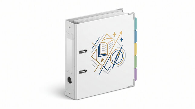 White office binder with geometric travel themed design.