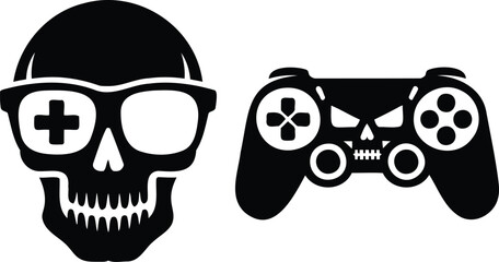 Black and white illustration of skulls wearing gaming accessories  skull with goggles and game controller © MD HASAN