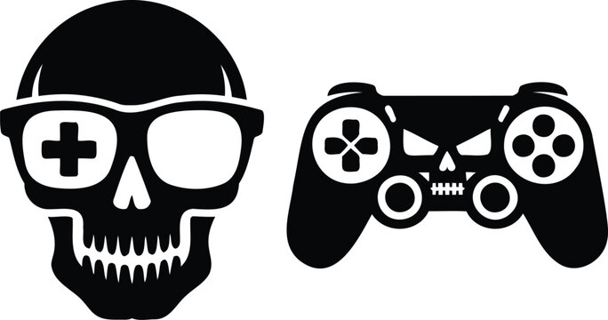 Black and white illustration of skulls wearing gaming accessories  skull with goggles and game controller