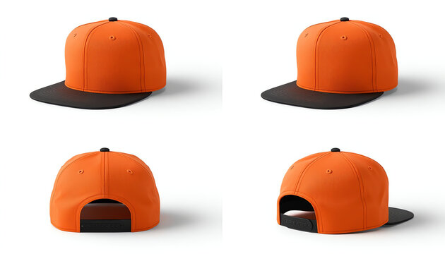 Blank baseball snap back cap two tone color orangeblack on white background