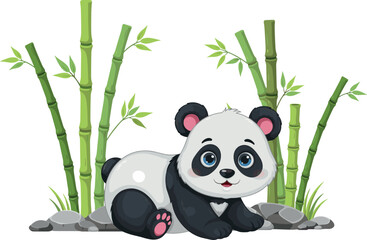  Cute cartoon baby panda vector illustration with playful bear character in green bamboo forest grove © mdtaleb
