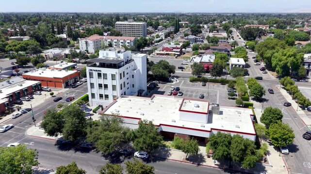 aerial push in to downtown visalia california