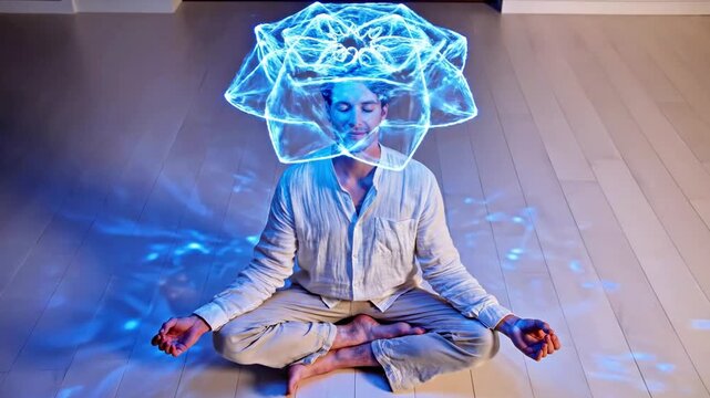 A serene individual sits cross-legged on a wooden floor, radiating calmness with a vibrant blue glowing aura emanating from their head, symbolizing a deep meditative state