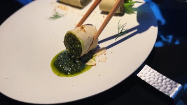 Dipping Yuba Soy Meat Roll Green Pesto Sauce
