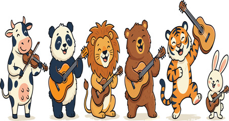 Cute cartoon animal band musical vector illustration featuring happy cow panda lion bear tiger rabbit playing guitar and violin © Mijanur