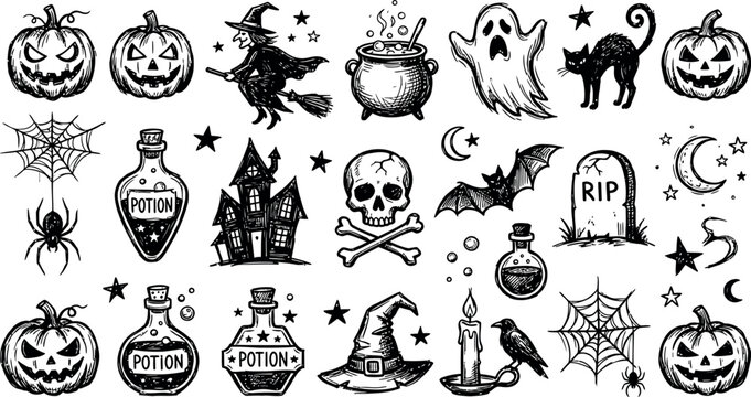 Hand drawn halloween elements collection for spooky season designs
