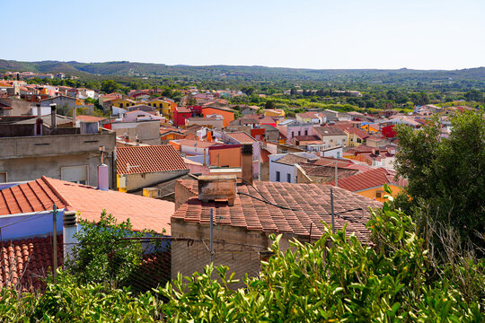 Elevated view over the red-tiled roofs of Sant'Antioco town in Sardinia, Italy