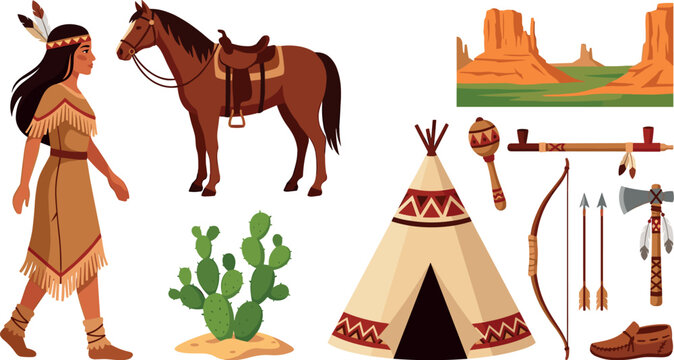 Native American woman and indigenous western vector set with cartoon horse teepee tent and tomahawk clipart