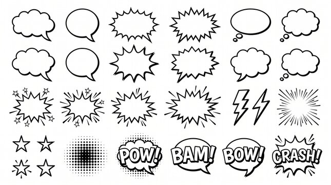 Create a premium vector collection of comic book speech bubbles, action bursts, explosion shapes, lightning bolts, stars, speed lines, and pop art sound effect elements arranged neatly on a clean whit