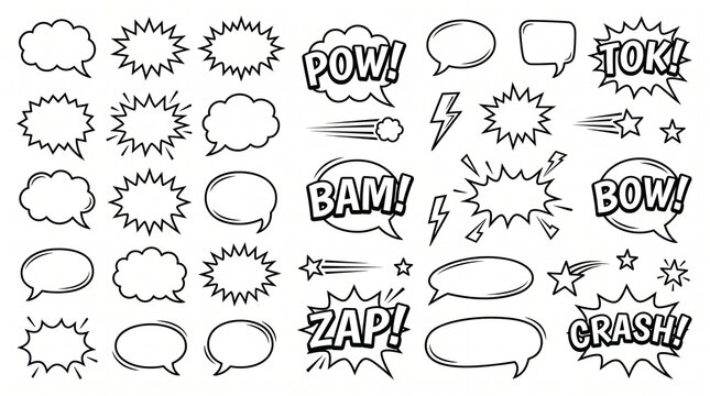 Create a premium vector collection of comic book speech bubbles, action bursts, explosion shapes, lightning bolts, stars, speed lines, and pop art sound effect elements arranged neatly on a clean whit