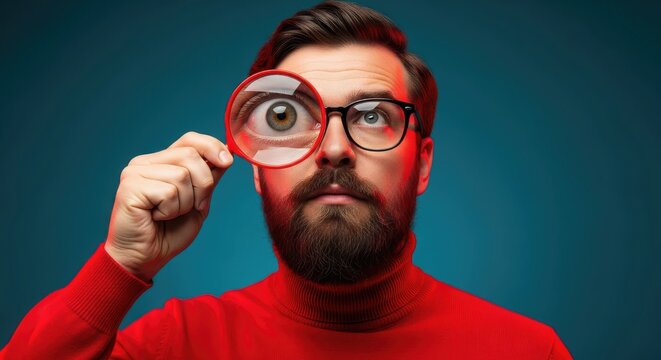 Portrait of a Curious Bearded Man Holding a Red Magnifying Glass Over His Eye for Investigation and Scrutiny