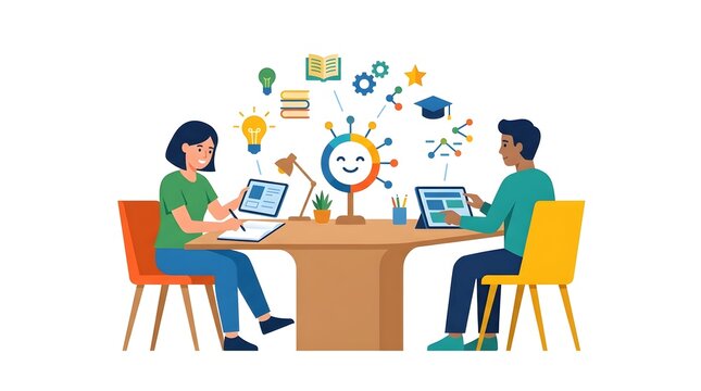 Modern flat vector illustration of students learning with an AI assistant, digital education, personalized tutoring, online learning, and intelligent study support.