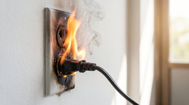 A close-up view of an electrical wall outlet engulfed in flames, showing signs of severe burning and potential electrical fire hazard.