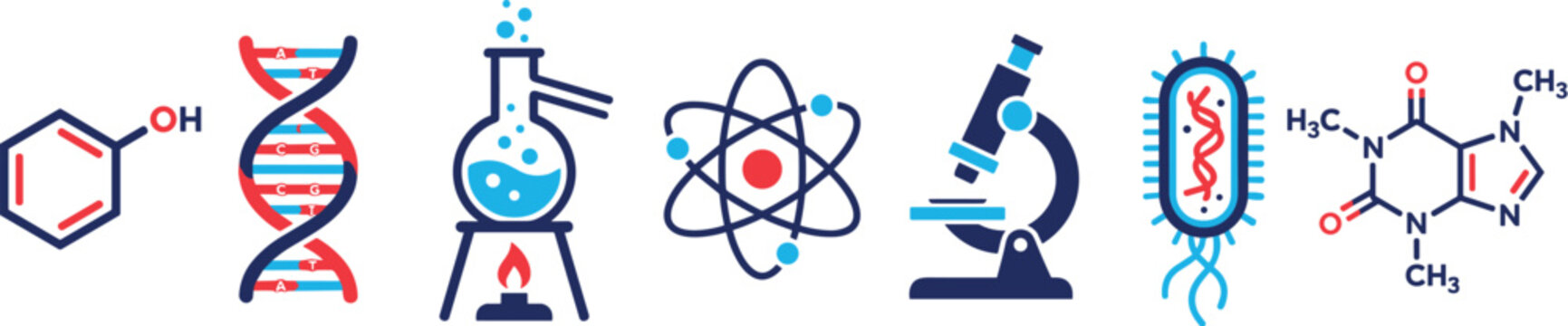 Science laboratory vector icon set with flat cartoon chemistry flask DNA strand and microscope icons