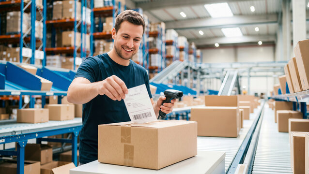 Warehouse worker scanning package with barcode reader on conveyor belt in distribution center for efficient logistics and e-commerce fulfillment.