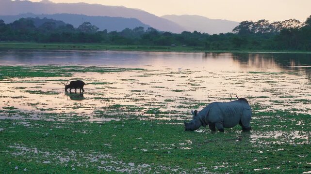 A cinematic shot of a rare onehorned rhinoceros and a water buffalo grazing in the marshy wetlands of India at sunset. Authentic wildlife conservation and sustainability concept.