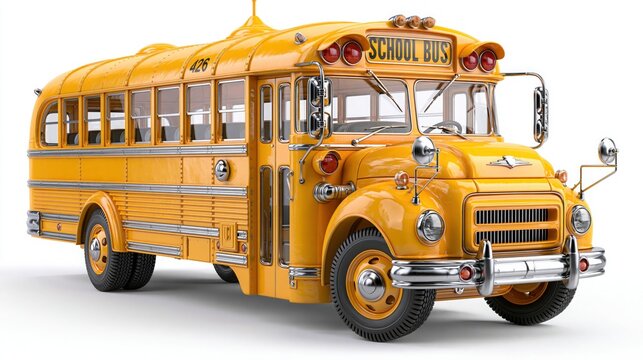 Vintage yellow school bus stands as a classic vehicle model isolated on a clean white surface.