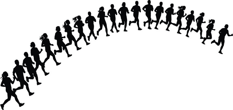 Silhouettes of people running in curved formation showing stride variation and motion progression across diverse body types
