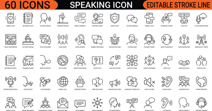 Speaking communication line art icons set, microphone, megaphone, chat, bubble, headset, listen, ear, talk, speaker, audio, Web icon, App icon, Outline icon, Editable stroke, line art, Vector EPS