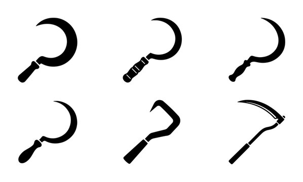 Agricultural Sickle Tools Collection, Harvesting Blades Set, Farm Equipment Icons, Rural Cutting Implements