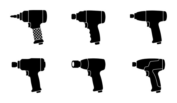 Impact Driver Icons, Power Tool Silhouettes, Handheld Cordless Drill Vector Set