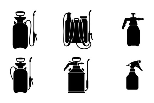 Garden Sprayer Icons Set, Pesticide Spray Bottle Silhouettes, Agricultural Equipment Vector Graphics