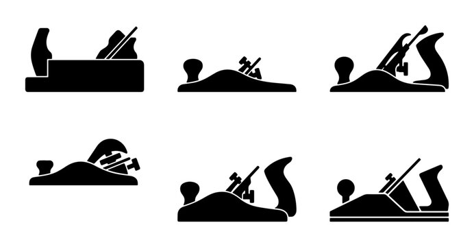 Woodworking Planes Set, Six Black Silhouette Icons, Carpentry Tools Collection, Hand Planer Vector Graphics