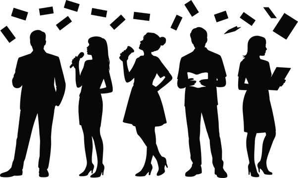 Business professionals and creative people silhouettes with falling papers vector, corporate team work concept