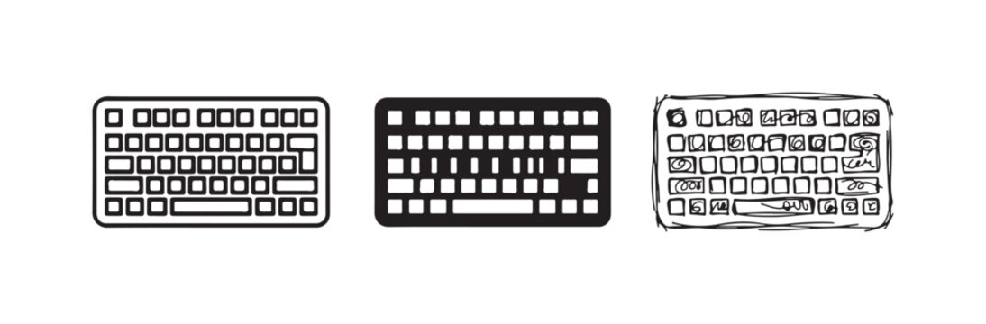 Computer Keyboard Icon Set: Input Device Symbols in Outline, Solid, and Hand-Drawn Styles