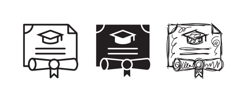 Graduation Certificate and Diploma Icon Set: Academic Scroll with Mortarboard in Varied Styles