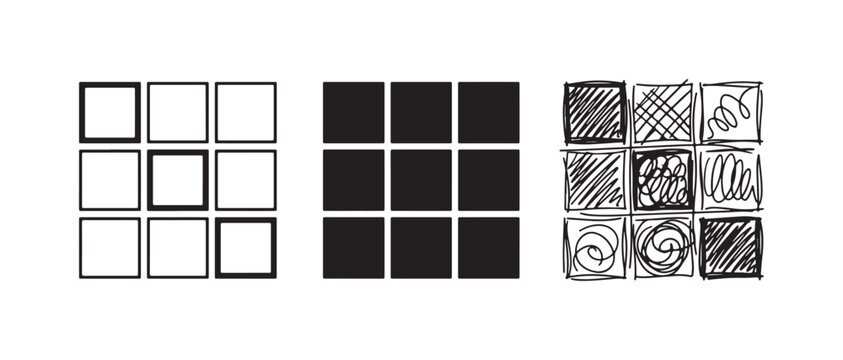 Three visual styles of a simple 3x3 grid, composed of nine square blocks, rendered as an outline, a solid fill, and a dynamic hand-drawn sketch.