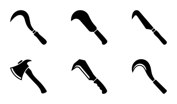 Agricultural Tools Collection, Farming Sickle, Machete, Axe Icons, Rural Harvest Equipment Vector Set