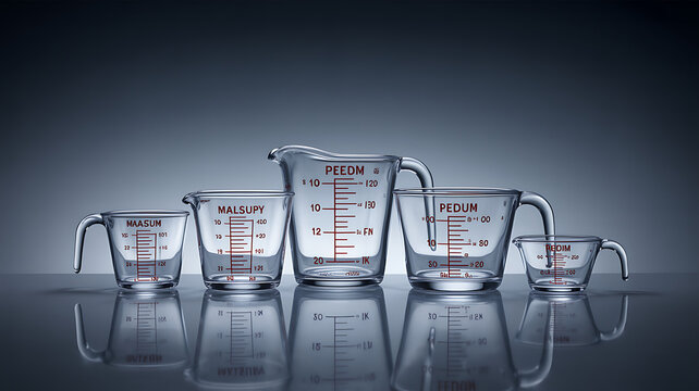 Set of clear plastic measuring cups with red volume markings arranged in a row on a smooth dark reflective surface for cooking and baking measurement tasks