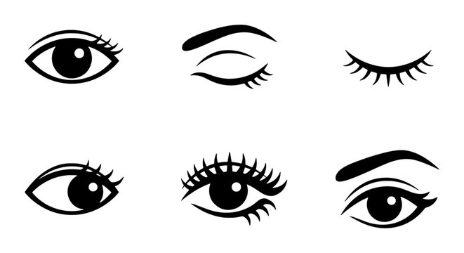 Set of Six Diverse Eye Icons, Open and Closed Eyelashes, Beauty and Vision Symbols