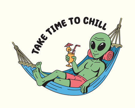 alien lying on a hammock illustration