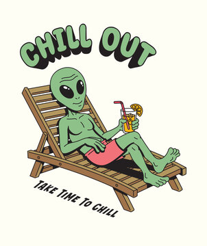 alien lying on a wooden lounger illustration
