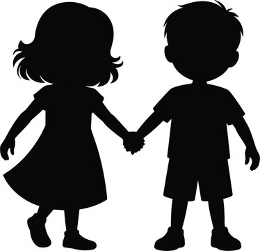 Little boy and girl holding hands silhouette vector, happy children walking together on white background