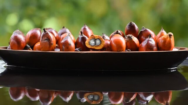 Palm fruits placed on floating vessel against natural backdrop.