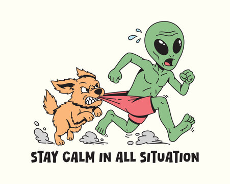alien chased by angry dog illustration