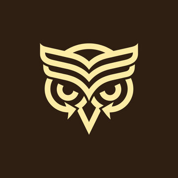 Geometric golden owl face logo on dark background.