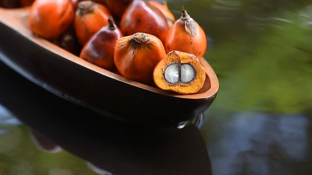 Palm fruits placed on floating vessel against natural backdrop.