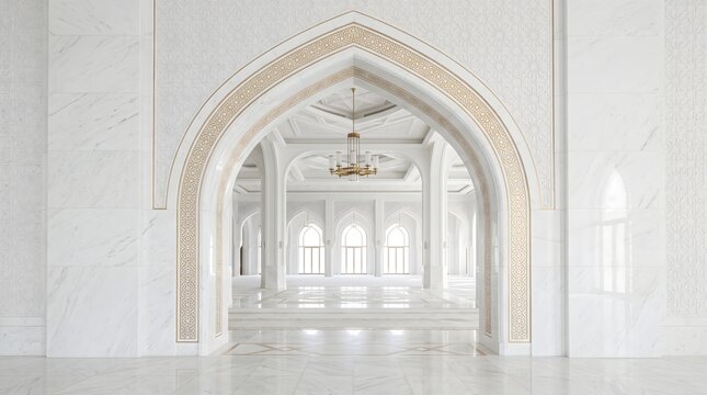 Islamic architecture, mosque interior, white marble archway, luxury building