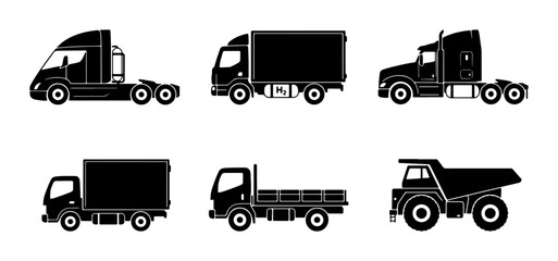 Diverse Truck Icons Set: Semi-trailer, Box Truck, Flatbed, Dump Truck Silhouettes © Aditya