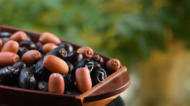 Date palm or Phoenix dactylifera fruits placed on floating vessel against natural backdrop.