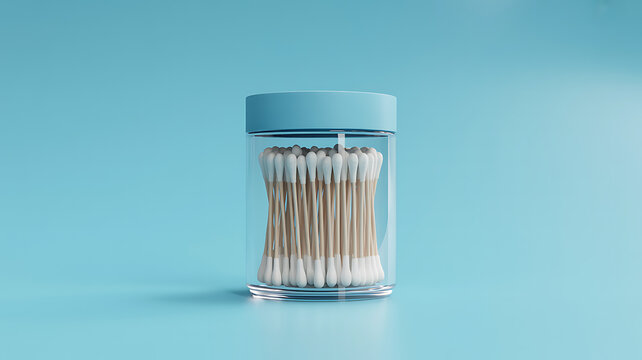 Clear plastic jar filled with wooden cotton swabs for ear cleaning and personal hygiene standing upright on a soft blue background