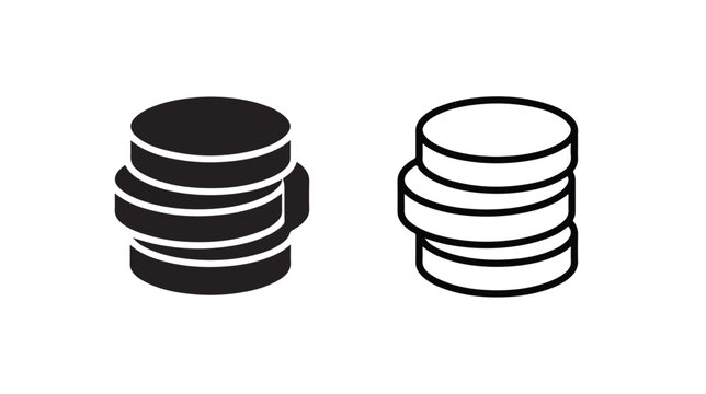 Minimalist coin stack icons, black and white currency symbols, flat vector money graphics for financial banking and budget tracking apps