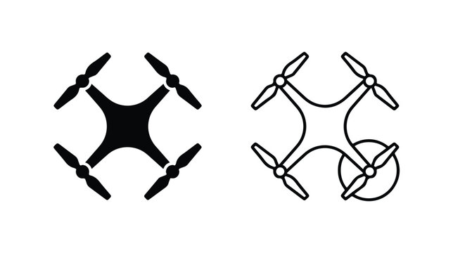 Minimalist drone icon set, black quadcopter silhouette and outline vector, modern aerial photography and delivery drone symbols for web design
