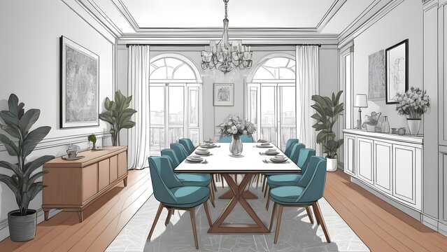ダイニングルームの建築イラスト、線画