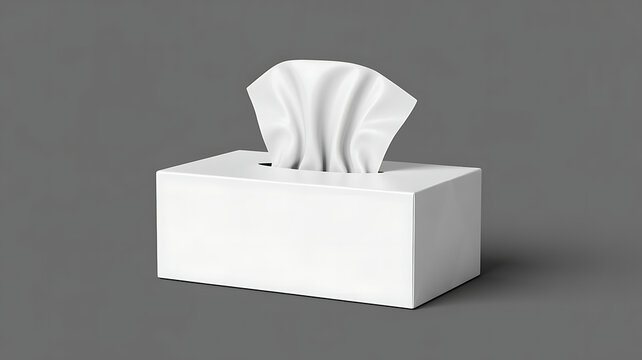 Clean white tissue box with a single paper napkin pulled out for hygiene and health care use in a simple rectangular container design for home or office bathroom usage