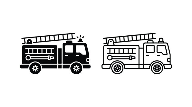 Fire truck vector icons in solid and outline styles, emergency fire engine vehicle symbols, rescue department transport graphics for safety signage